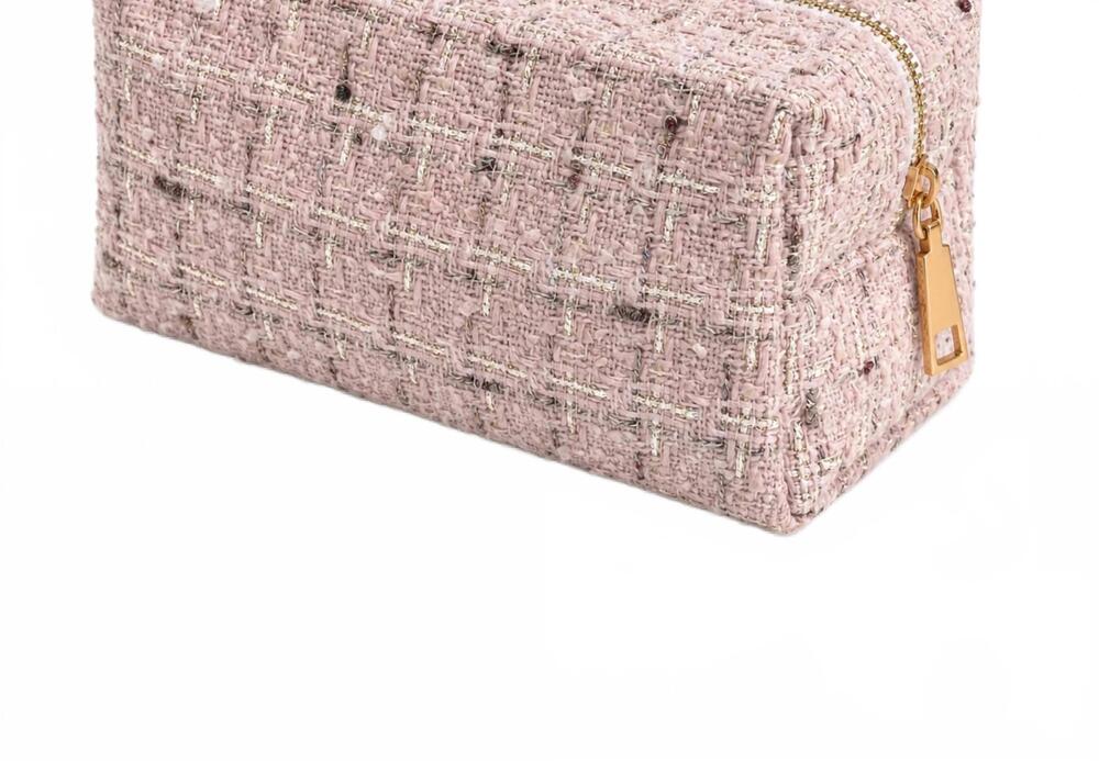 NEW ELLISON+YOUNG women's luxe cosmetic case in pink tweed